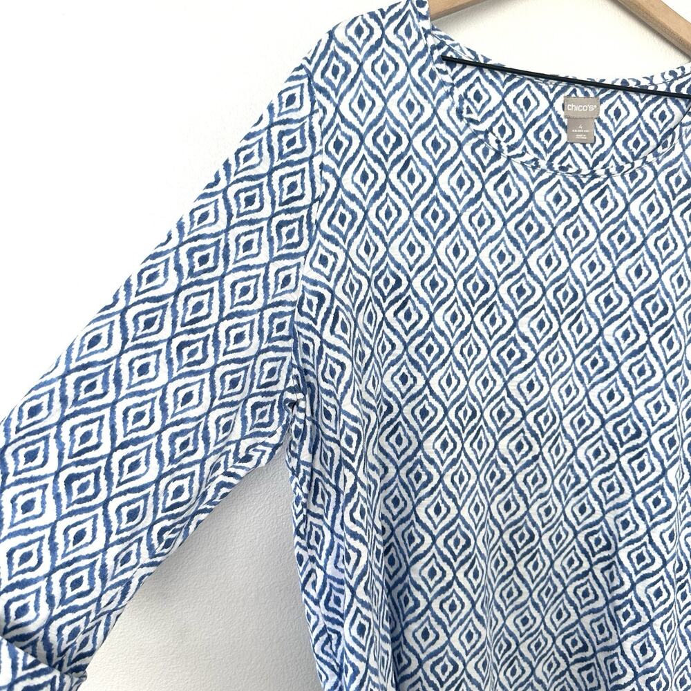 CHICOS Ikat Print Tee Womens XXL (4) Blue White 3/4 Sleeve Slub Knit Boho Top - Picture 4 of 10